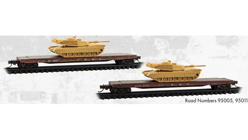 N MICRO-TRAINS 57' CONVERTED TOFC FLAT CAR ATCHISON, TOPEKA & SANTA FE WEATHERED 2-PACK W/ M1 ABRAMS TANK KIT #95005, #95011