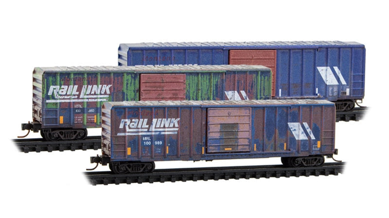 N MICRO-TRAINS 50' SINGLE DOOR RIB SIDE BOX CAR W/O ROOFWALK MONTANA RAIL LINK WEATHERED 3-PACK #100980, #100982, #100989