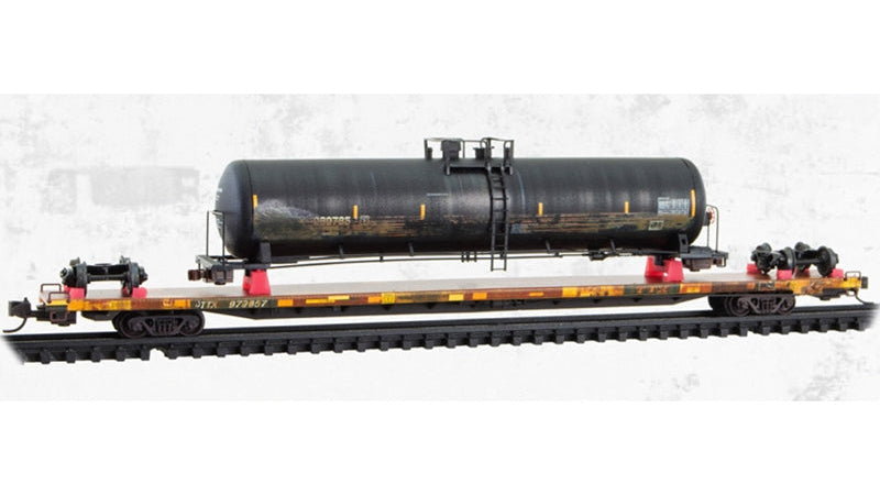 N MICRO-TRAINS 89' TOFC FLAT CAR TTX WEATHERED W/ "WRECKED" TANK CAR LOAD KIT #972657