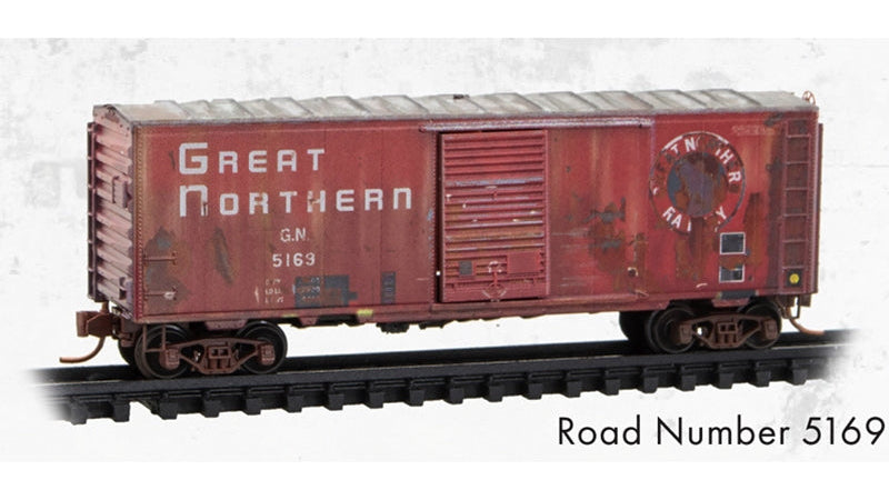 N MICRO-TRAINS 40' SINGLE DOOR BOX CAR WEATHERED GREAT NORTHERN #5169