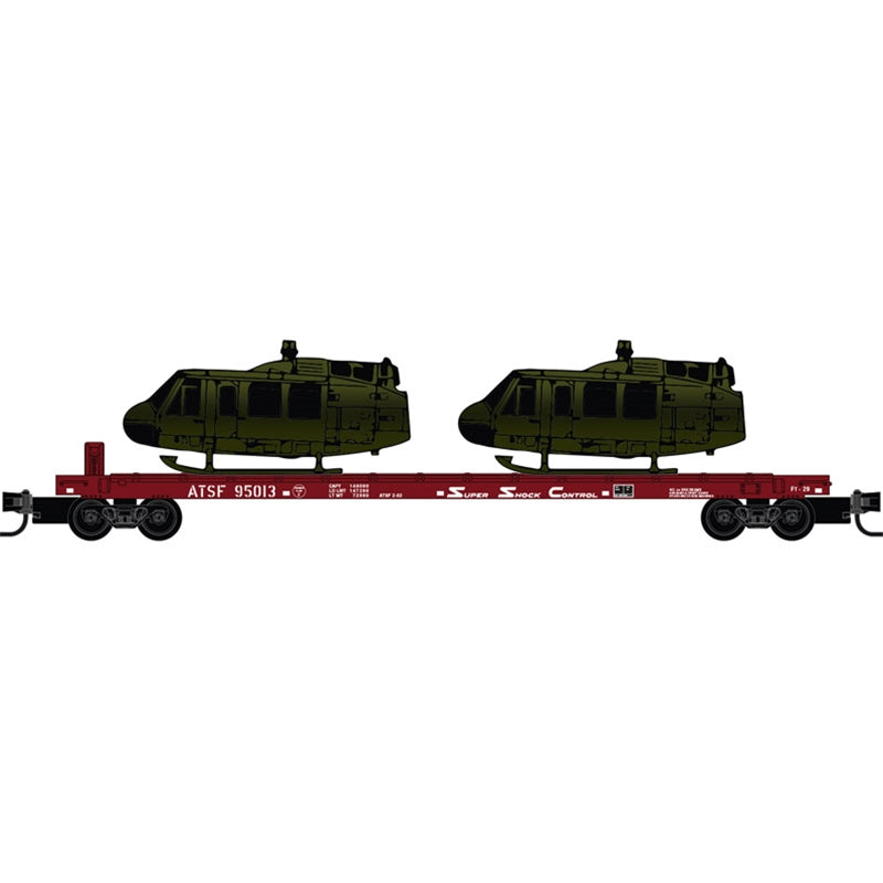 N MICRO-TRAINS 57' CONVERTED TOFC FLAT CAR W/O TRAILER ATCHISON, TOPEKA & SANTA FE 2-PACK W/HELICOPTER LOAD #95013, #95016