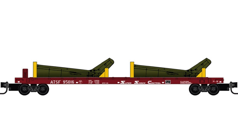N MICRO-TRAINS 57' CONVERTED TOFC FLAT CAR W/O TRAILER ATCHISON, TOPEKA & SANTA FE 2-PACK W/HELICOPTER LOAD #95013, #95016