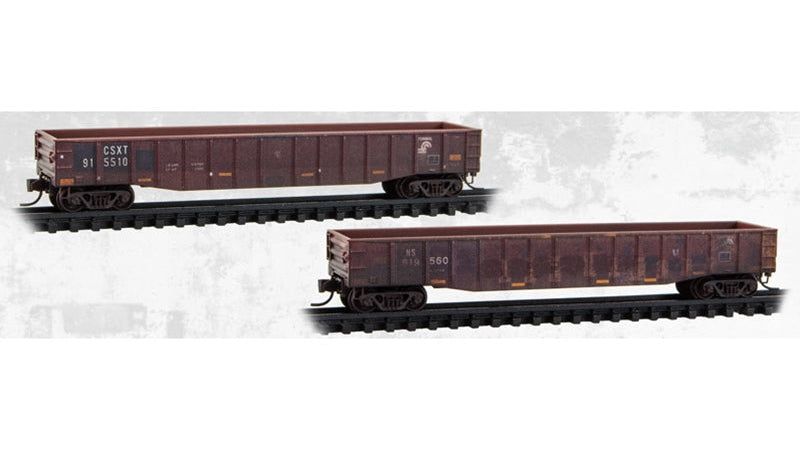 N MICRO-TRAINS 50' STEEL SIDE, 15 PANEL, FIXED END GONDOLA, FISHBELLY SIDES CSX/NORFOLK SOUTHERN FAMILY TREE & BEYOND WEATHERED 2-PACK #915510, #619560
