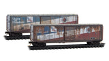 N MICRO-TRAINS 50' SINGLE DOOR BOX CAR W/O ROOFWALK BN EX-NP "SHARE IN FREEDOM" WEATHERED 2-PACK #31007, #31128