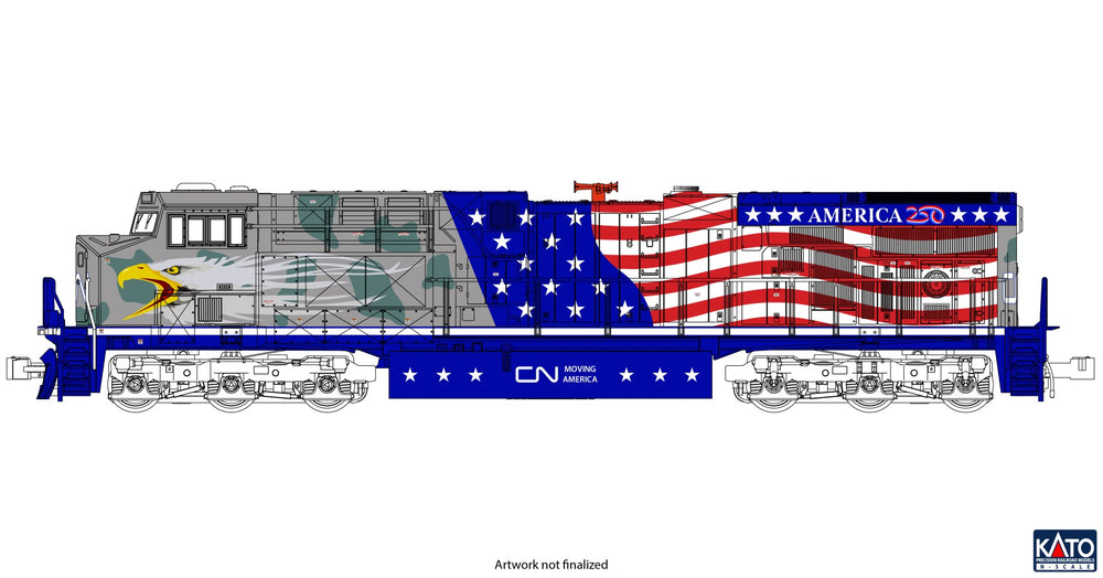 For July 2026, KATO USA will be producing some BRAND NEW Canadian National
locomotives in N-Scale to celebrate America’s 250th!
The Evolution Series by GE was built to meet new emissions standards in 2005, and since
then they’ve become a common sight on American and Canadian railroads.
- CN 1776 features an intricate design of the Screaming Eagle, and it’s complemented
with a beautiful camouflage pattern throughout