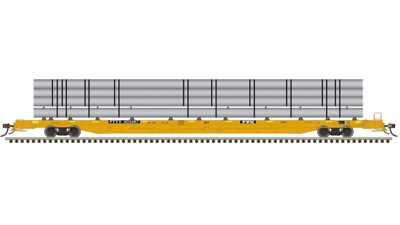 Atlas N Master | F89J Flat Car | PTTX Yellow w/Conspicuity (w/ deck risers & silver pipe load)