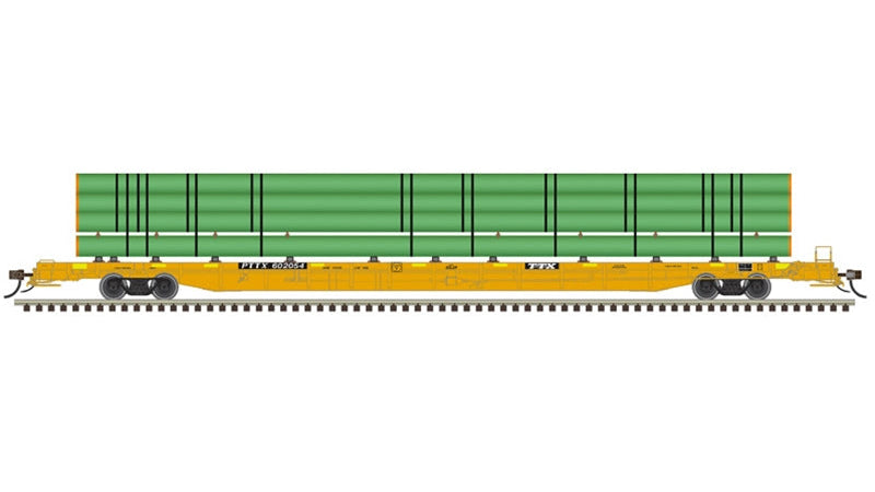 Atlas N Master | F89J Flat Car | PTTX Yellow w/Conspicuity (w/ deck risers & green pipe load)