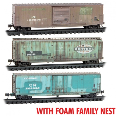 Micro Trains N Scale Conrail Boxcar weathered 3-Pack - FOAM